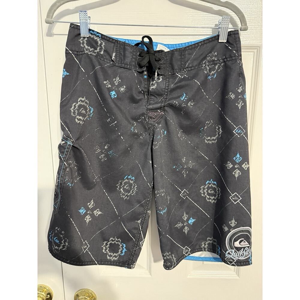 Quiksilver Board Shorts Mens 29 Black Blue Surf Swim Trunks Drawstring Pocket